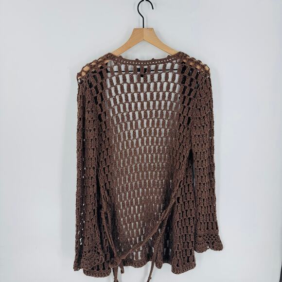 Y2K Express Brown Crochet Open Knit Cardigan Belted Boho Sweater Size L - Picture 2 of 8